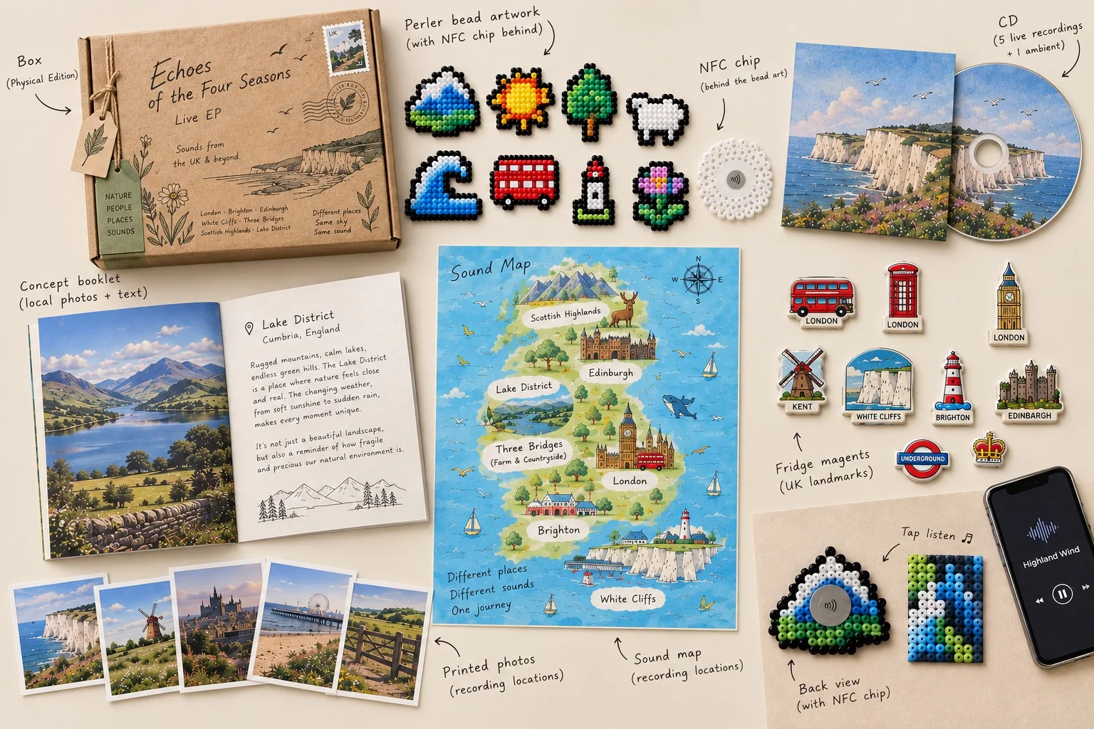 The physical Live EP collection: a boxed CD, NFC bead artworks, UK sound map, booklet, landmark magnets and printed photographs.